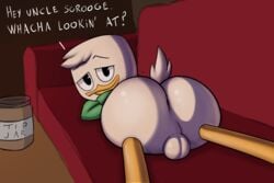 2021 age_difference anthro backsack bootydox disney duck ducktales ducktales_(2017) english_text green_hoodie incest lazy louie_duck lying_down male male_only scrooge_mcduck seductive smug smug_face solo_male sweat uninterested white_feathers young