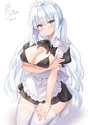 1girl bikini bikini_top bikini_under_clothes blush breasts breasts_out hair_ornament hair_ribbon hairband kneeling large_breasts long_hair maid maid_apron maid_headdress maid_outfit maid_uniform nipples open_shirt original shiono_(0303) straight_hair thighhighs tied_hair twintails white_hair