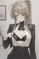 ai_generated annoyed ascot black_bra blonde_hair bra charlotte_van_halen cleavage indie_virtual_youtuber looking_away open_shirt ponytail reluctant shy sidelocks suit teasing teasing_viewer virtual_youtuber yellow_eyes