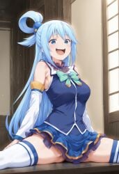 1girl ai_generated aqua_(konosuba) bare_legs blue_dress blue_eyes blue_hair dress female goddess isekai kadokawa_corporation kadokawa_shoten kono_subarashii_sekai_ni_shukufuku_wo! legs long_hair ponytail seductive sexy sexy_body sexy_pose skirt sleeveless_dress smile socks studio_deen white_socks young young_female