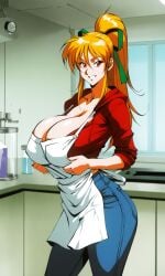 1girl 1girls ai_generated apron big_breasts blonde_hair gigantic_breasts gloves green_ribbon hood jeans mega_man pale_skin ponytail red_eyes red_hoodie ribbon rockman roll_(mega_man) smile smile_at_viewer smiling smiling_at_viewer tied_hair tied_shirt unzipped_hoodie white_apron white_skin wide_hips