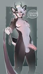 anthro antlers bdsm bodily_fluids commanding_viewer deer dominant dominant_femboy dominant_male ear_piercing emanata first_person_view frenky_hw furgonomic_piercing furgonomics genital_fluids genitals hi_res holding_leash holding_object horn humanoid_genitalia humanoid_penis industrial_piercing leaking_precum leash leashed_pov low-angle_view male mammal nude penis petplay piercing precum roleplay solo