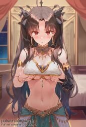 1girl ai_generated armlet bare_shoulders bed bedroom black_hair black_ribbon blush breasts bridal_gauntlets canopy_bed cleavage clothes_lift cowboy_shot crown curtains detached_sleeves earrings fate_(series) gold_trim grabbing_own_breast hair_ribbon highres hoop_earrings indoors ishtar_(fate) jewelry lifted_by_self long_hair looking_at_viewer medium_breasts midriff navel neck_ring nsfw parted_bangs parted_lips red_curtains red_eyes ribbon serain shirt_lift single_detached_sleeve skirt solo stomach tiara two_side_up uncensored underboob window