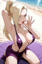 ai_generated beach blonde_hair ino_yamanaka kneeling naruto naruto_(series) purple_bikini sarong sling_bikini tagme