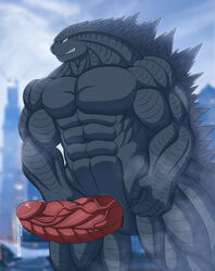 2021 abs anthro black_body bodily_fluids claws digital_media_(artwork) erection genital_fluids genitals godzilla godzilla_(series) hi_res kaiju lizard male male_only muscular muscular_anthro muscular_male penis reptile scalie solo toho vein veiny_penis white-snow-wolf