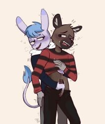 aggretsuko anthro asinus blue_hair blush brown_body brown_fur clothed clothing dany_trash_(artist) donkey duo equid equine erection fur genitals glans gumdogtrash haida_(aggretsuko) hair handjob hi_res humanoid_genitalia humanoid_penis hyena male male/male mammal penile penis sanrio sex simple_background standing tadano_(aggretsuko) tail tail_tuft tan_background tuft