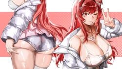 1girls ass ass_bigger_than_head big_ass big_breasts breasts female female_only fingers goddess_of_victory:_nikke hair_ornament idol jacket kkaiju looking_at_viewer nail_polish pale-skinned_female pale_skin panties peace_sign rapi_(nikke) rapi_(red_hood)_(nikke) rapi_(red_hood)_(shining_light)_(nikke) red_eyes red_hair skirt sweat tagme thick_thighs white_panties wink