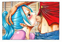 1boy 1girls accurate_art_style ai_generated blowjob blue_hair crying_with_eyes_open cum_in_mouth deepthroat donya grabbing_head looking_at_viewer monkey_d_luffy mouth_full_of_cock nefertari_vivi one_piece