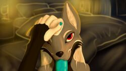 16:9 anthro bedroom bedroom_eyes black_body black_fur blue_penis bodily_fluids canid canine cosmothefennec duo fennec_fox fox frozen_autumn fur genitals grey_body grey_fur hair hand_on_head jace_ehnon looking_at_viewer male male/male mammal markings narrowed_eyes one_eye_closed penis pov_blowjob red_eyes red_markings saliva saliva_on_penis seductive true_fox white_hair widescreen
