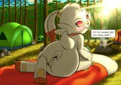 3_toes after_transformation anus anus_transformation body_part_transformation buckteeth campfire empty_eyes english_description english_text feet female female_pred generation_8_pokemon genitals grass human human_prey lagomorph living_anus looking_back male male_prey mammal nintendo oral_vore outside plant poisonsneksoffie pokemon pokemon_(species) rock scorbunny story story_in_description teeth tent text toes transformation tree vore vulva