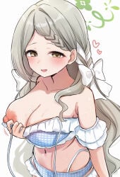 arm_at_side bikini blue_archive blush exposed_breast heart large_breasts looking_at_viewer miyo_(blue_archive) navel nipple official_alternate_costume one_breast_out open_mouth seductive seductive_look seductive_smile smile waist_up