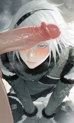 2d 2d_(artwork) ai_generated alternate_version_available angry_expression anonymous_male balls ballsack big_balls big_penis blue_eyes blush blushing clothed cum cum_drip cum_on_face foreskin fur_trim hair hair_ornament hairband hands_and_knees hands_between_legs hi_res highres huge_cock huge_penis large_penis long_penis looking_at_partner looking_at_penis looking_at_viewer male/female male/male nier nier_(character) nier_(series) nier_replicant on_knees penis_awe penis_on_face penis_over_eyes pov pov_crotch pov_male seductive seductive_eyes seductive_look submissive_male testicles unseen_character unseen_female_face unseen_male_face veiny_penis white_hair