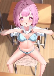 1girls blush bra breasts charl2837 classroom clothes_lift female ootori_emu panties pink_eyes pink_hair project_sekai underwear