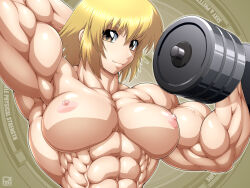 abs biceps blonde_hair breasts female gundam hair muscles muscular muscular_arms muscular_female nipples pecs rentb weights