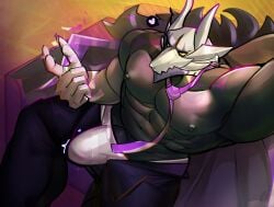 abs accessory anthro black_body black_bottomwear black_clothing black_hair black_pants bone bone_mask bottomwear bulge canid canine canis clothed clothing detailed_bulge digital_media_(artwork) dream_raider_nasus erection_in_underwear genitals hair hand_behind_head heart_symbol hi_res horned_mask jackal league_of_legends male mammal mask megadolix muscular muscular_male nasus_(lol) necktie nipples open_bottomwear open_clothing open_pants pants pecs penis penis_base pictographics purple_necktie riot_games skull skull_mask solo sparkles speech_bubble tencent tenting underwear white_clothing white_underwear