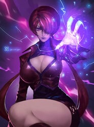 1girls colorful_background female female_only huge_breasts king_of_fighters large_breasts pink_eyes purple_lips red_hair serious_look shermie_(kof) snk thick_thighs wide_hips xiaoguimist