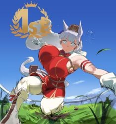 1girls big_breasts booruguru bouncing_breasts female gold_ship_(umamusume) grass horse_girl huge_breasts imminent_punch incoming_attack incoming_punch solo umamusume white_gloves white_hair
