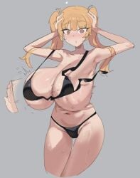 1girls black_bikini blonde_hair booruguru bouncing_breasts breast_slap cindy_magus female final_fantasy final_fantasy:_lost_stranger huge_breasts motion_lines navel slapping_breasts solo standing twintails