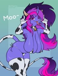 2026 airfly-pony anthro belly big_breasts breasts clothing cow_suit curved_horn elepatrium_universe female female_anthro hanging_breasts hi_res horn huge_breasts legwear miranda_(airfly-pony) solo thick_thighs thigh_highs tongue tongue_out unicorn_horn wide_hips