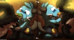 2020 2_panel_comic anal anal_penetration animal_genitalia animal_penis anthro artist_name ass_to_mouth balls blue_body blue_fur bodily_fluids canine_genitalia canine_penis cheek_bulge colored dated dewott digital_media_(artwork) dildo directional_arrow disgust double_dildo duo erection feral fur gagging generation_3_pokemon generation_5_pokemon genitals hi_res male male/male mightyena nintendo oral oral_penetration penetration penis pokemon pokemon_(species) questionable_consent red_penis sex_toy shaded sweat sweatdrop tail text tongue tongue_out zandermanith
