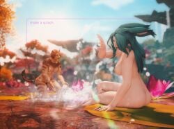 abs anthro bathing brown_eyes brown_hair claws final_fantasy final_fantasy_xiv furry getting_wet green_hair hrothgar hrothgar_female large_breasts laugh laughing lioness medium_breasts muscles muscular muscular_female playful pubic_hair rabbit_ears rabbit_girl river sharp_teeth smile splash spots square_enix stripes viera water yellow_fur
