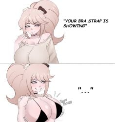 blonde-haired_female blonde_female blonde_hair bra bra_strap danganronpa danganronpa:_trigger_happy_havoc danganronpa_(series) enoshima_junko hommysuki junko_enoshima sharp_fingernails smirk smirking_at_another smirking_face sweater sweater_lift