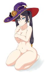 1girls angry black_hair blue_eyes breasts covered_nipples covering covering_breasts ear_piercing female genshin_impact hat kai-too long_hair looking_at_viewer mona_(genshin_impact) naked nude simple_background solo twintails white_background white_skin witch_hat