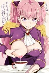 10s blush breast_squeeze breasts charlotte_scherzen charlotte_shalzen cleavage cup epaulettes female female_focus inverted_nipples lactating_in_glass lactating_into_cup lactation large_breasts long_hair looking_at_viewer nipples noripachi one_breast_out pink_hair purple_eyes saucer smile solo tea teacup text_focus translation_request twintails valkyrie_drive valkyrie_drive_-mermaid-