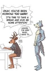 2021 absurd_res anthro antlers balls beastars canid canine canis cervid chair clothing computer desk dialogue duo english_text ffog flaccid foreskin furniture genitals hand_on_hip hi_res horn humanoid_genitalia humanoid_penis laptop legoshi_(beastars) louis_(beastars) male male_only mammal navel nude penis shirt simple_background sitting standing text topwear uncut white_background wolf yelling