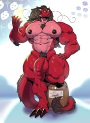 2021 abs anthro balls barazoku barrel beard big_muscles body_hair chest_hair claws dragon eyewear facial_hair flaccid genitals glasses hair horn huge_muscles humanoid_genitalia humanoid_penis long_hair male muscular muscular_anthro muscular_male navel nipples nude on_one_leg pecs penis pubes quads scalie sin_(varanis_ridari) solo standing sxfpantera thick_thighs