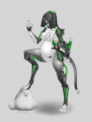 3:4 anthro areola bastiel breasts digitigrade female genitals gesture grey_background grey_nipples hi_res humanoid_genitalia humanoid_pussy machine needle_(disambiguation) nipples pregnant pussy robot rock simple_background solo standing