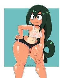 bottom_heavy breasts excessive_sweat female female_only flauschdraws hair_bow hand_on_hip hourglass_figure my_hero_academia nipples schoolgirl short_shorts shorts shounen_jump slender_waist slim_waist small_breasts solo sports_bra sportswear sweat sweating sweating_profusely sweaty tan_skin tanline tanlines tanned thick_thighs thin_waist three-quarter_portrait three-quarter_view translucent_clothing transparent_clothing tsuyu_asui voluptuous wide_hips