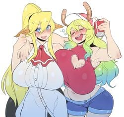 10s 2girls animal_ears blonde_hair blue_eyes blush breast_press breasts centaur centorea_shianus cleavage cleavage_cutout clothing_cutout crossover dragon_girl drunk hat heart_cutout highres horse_ears huge_breasts lipstick makeup midriff miss_kobayashi's_dragon_maid monster_girl monster_musume_no_iru_nichijou multiple_girls navel quetzalcoatl_(dragon_maid) sweat taur venusflowerart