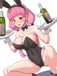 1girls blush boris_(noborhys) bottles bowtie breasts bunny_ears bunny_tail bunnysuit cameltoe covered_nipples female female_only high_heels hips human looking_at_viewer original original_character pink_hair squatting thighs wine wine_glass