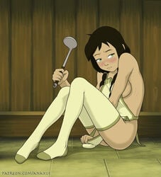 1girls anaxus apron avatar_the_last_airbender bare_shoulders big_breasts black_hair blush braided_hair brown_skin covering_self cute dark-skinned_female dark_skin earth_kingdom embarrassed female female_only frown green_eyes jin_(avatar) ladle long_hair looking_away naked_apron nickelodeon no_bra no_panties partially_clothed restaurant sideboob sitting small_breasts socks solo stockings tan_skin thighhighs twin_braids vulva