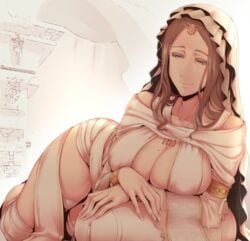 bare_shoulders blue_eyes breasts brown_hair circlet cleavage clothing covered_erect_nipples dark_souls female fromsoftware goddess gold_(metal) highres large_breasts long_hair lying mole mole_on_breast nakamura_regura on_side queen_of_sunlight_gwynevere smile solo souls_(from_software) veil