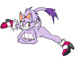 anthro black_nose blaze_the_cat cat_ears cat_tail domestic_cat eyelashes felid feline felis forehead_jewel gem lying muniversalarts nipples nude pink_nipples ponytail purple_body purple_hair shoes smile sonic_(series) splits tail white_body yellow_eyes