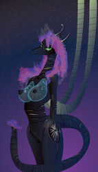 anthro black_body black_nipples breasts dragon egypturnash female genitals hair horn machine nipples peganthyrus_(character) purple_hair pussy robot scalie solo standing translucent tubes western_dragon