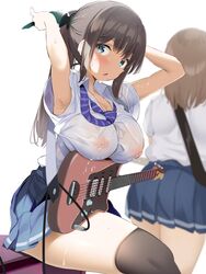 2girls arms_up black_hair black_legwear blue_eyes blush breasts brown_hair covered_erect_nipples guitar instrument lactation large_breasts long_hair looking_at_viewer multiple_girls nipples noripachi open_mouth original see-through_silhouette sitting thighhighs wet wet_clothes