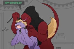 2021 5_fingers anal anal_sex animal_genitalia animal_penis anthro biceps big_dom_small_sub biped black_clothing black_hoodie black_topwear bottomless cake canine_penis closed_eyes clothed clothing collar dessert digital_drawing_(artwork) digital_media_(artwork) dinosaur dog_tags domination duo english_text erection fangs fingers food from_behind_position fur genitals hair happy_birthday hoodie inside knot larger_male leash leash_pull legs_together male male/male male_domination male_penetrated male_penetrating male_penetrating_male mammal motion_lines muscular muscular_anthro muscular_male nude open_mouth penetration penis profanity purple_body purple_fur purple_penis red_body reptile scalie sex size_difference sleeveless_hoodie sleeveless_topwear sly_mcfadden(slymcfadden001) smaller_male speech_bubble submissive submissive_male tan_body tan_fur tan_hair tan_tail teeth text tongue topwear zoma zomacaius