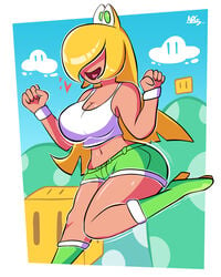 1girls 2020 4_eyes absurd_res artist_name blonde_hair boots bouncing_ass bouncing_breasts breasts cleavage clothing cloud female female_only green_eyes heart heart_in_mouth high_heel_boots high_heels highres jumping koopa koopa_girl large_breasts long_hair mario_(series) midriff multi_eye navel nintendo nrgxer open_mouth outdoors shaded_face shorts signature sky smile solo super_mario_world tan tank_top thick_thighs thighs w_arms white_border wide_hips wristband