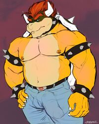 1boy 4:5 5_fingers anthro armband bara belt blue_bottomwear blue_clothing blue_jeans blue_pants bottomwear bowser bracelet bulge claws clothed clothing collar denim denim_clothing eyebrows fingers genital_outline hair hand_on_hip hi_res horn jeans jewelry koopa looking_at_viewer male male_only mario_(series) nintendo nipple_piercing nipples pants papyreit penis_outline piercing red_hair reptile scalie shell solo solo_male spiked_armband spiked_bracelet spiked_collar spiked_shell spikes spikes_(anatomy) thick_eyebrows topless topless_male video_games yellow_body