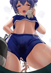 blue_hair blush color giantess hair_buns hand_on_hip larger_female looking_down low-angle_view micro open_mouth preesoul size_difference small_breasts smaller_male sportswear sweat thick_thighs unknown_character