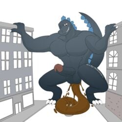 1:1 alpha_channel anthro balls building claws diarrhea english_text erection feces genitals godzilla godzilla_(series) kaiju macro male male_only muscular muscular_anthro muscular_male notkastar nude penis reptile scalie scat signature smile solo teeth text toho