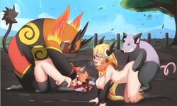 2boys 2girls all_fours blush breasts cosplay doggy_style emboar emboar_(cosplay) female female_human female_on_feral feral feral_penetrating from_behind_position grumpig grumpig_(cosplay) human human_penetrated interspecies male male/female male_pokemon male_pokemon/female_human mammal mounting mud multiple_boys multiple_girls nintendo open_mouth outdoors penetration pig_pen pokémon_(species) poképhilia pokemon pokemon_(cosplay) pokephilia pondsama01 sex trainer_alice trainer_aliyah video_games zero_pictured