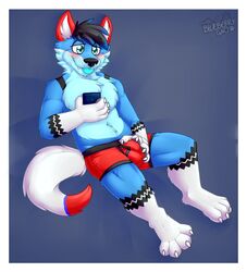 10:11 absurd_res anthro black_body black_fur black_hair black_nose blep blue_body blue_eyes blue_fur blue_hair blush bulge bulge_grab canid canine cheek_tuft chest_tuft claws clothing cute_fangs eyebrows facial_tuft fur gaokun genital_outline hair hi_res holding_object holding_phone inner_ear_fluff male mammal phone purple_body purple_fur red_body red_clothing red_ears red_fur red_underwear sheath_outline solo toe_claws tongue tongue_out tuft underwear white_body white_fur