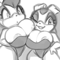 anthro breasts bunnysuit cream_the_rabbit daughter duo eyelashes lagomorph long_ears mammal monochrome mother mother_and_daughter nipples rabbit smile sonic_(series) sonic_the_hedgehog_(series) vanilla_the_rabbit xylas