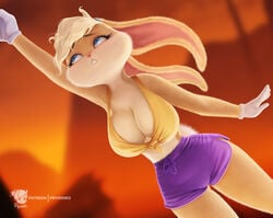 1girls anthro arm_up big_breasts blonde_hair blonde_hair blue_eyes breasts bunny_ears bunny_girl bunny_tail cleavage cleavage_cutout eyebrows feet_out_of_frame female female female_focus female_only furry gloves hair lola_bunny looking_up looney_tunes one_arm_up prywinko purple_shorts shirt short_hair shorts solo solo_female solo_focus space_jam teeth thighs tied_ears white_gloves