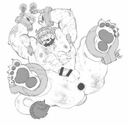 abs anal anthro anus arsalan balls bondage censored erection felid gaping gaping_anus genitals humanoid_genitalia humanoid_penis invisible_penis lion male male/male male_only mammal muscular muscular_anthro muscular_male nipples pantherine pawpads pecs penis sex shackles tokyo_afterschool_summoners uzomuzo video_games