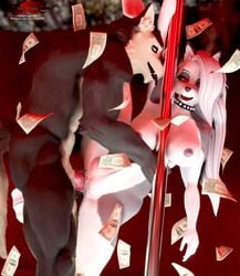 1boy 1girls 3d anthro anthro_on_anthro anthro_penetrated anthro_penetrating anthro_penetrating_anthro bodily_fluids canid canid_demon canine collar collar_only demon digital_media_(artwork) duo female female_penetrated fur genital_fluids hair hellhound helluva_boss hi_res humanoid_hands kingtigerfr loona_(helluva_boss) male male_penetrating male_penetrating_female mammal money muscular muscular_anthro penetration penile penile_penetration penis_in_pussy pole raised_leg red_sclera sex smile spiked_collar spikes standing standing_sex stripper_pole tongue tongue_out vaginal_penetration vivienne_medrano white_eyes